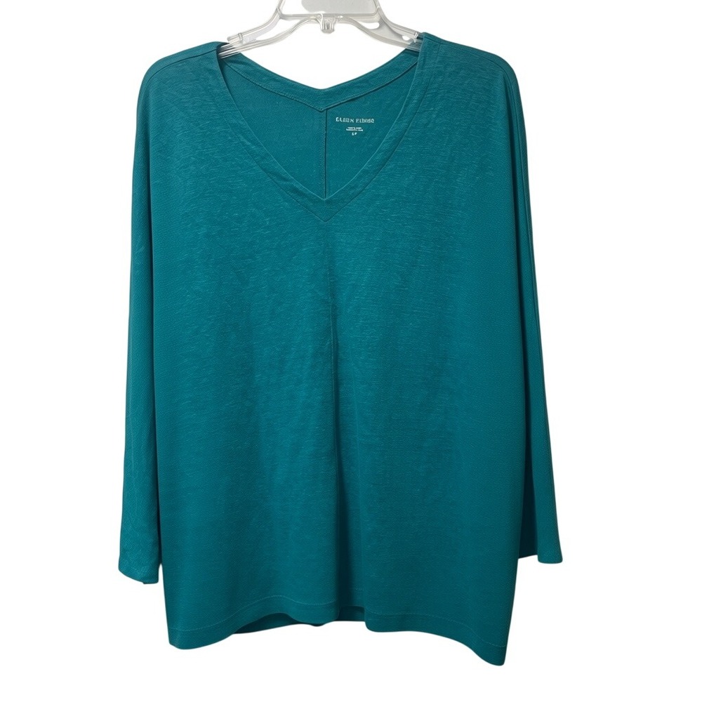 Eileen Fisher Organic Linen V-Neck Top Teal Blue Long Sleeve S P Relaxed Fit